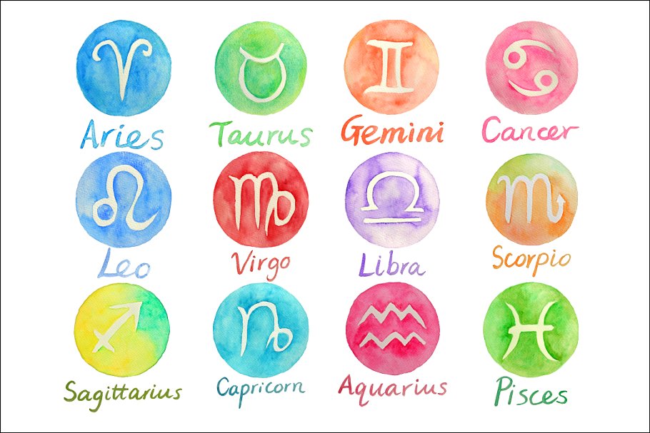 手绘星座占仆圆形水彩剪贴画 Watercolor Zodiac Signs Clipart插图