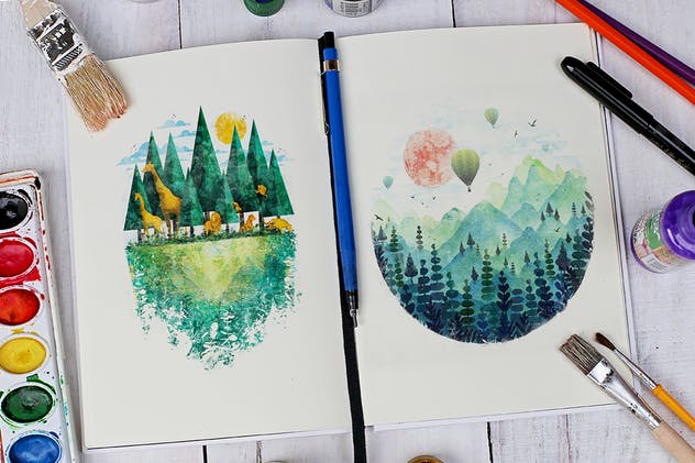 手绘画册作品展示样机 Watercolor Book Mock Up插图(1)