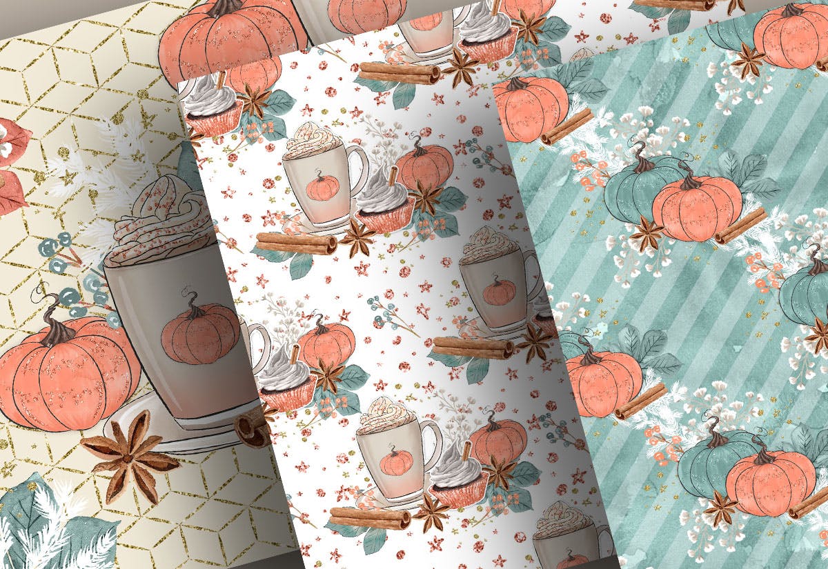 南瓜&拿铁水彩手绘图案设计素材 Pumpkin Latte digital paper pack插图(4)