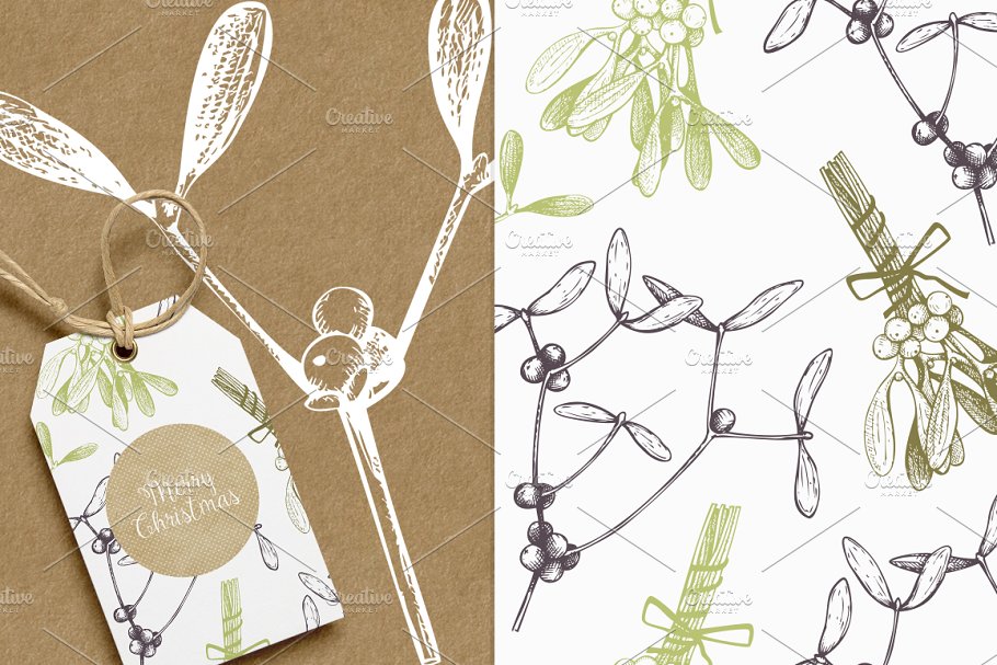槲寄生手绘花样图案 3 Vector Mistletoe Patterns插图(2)