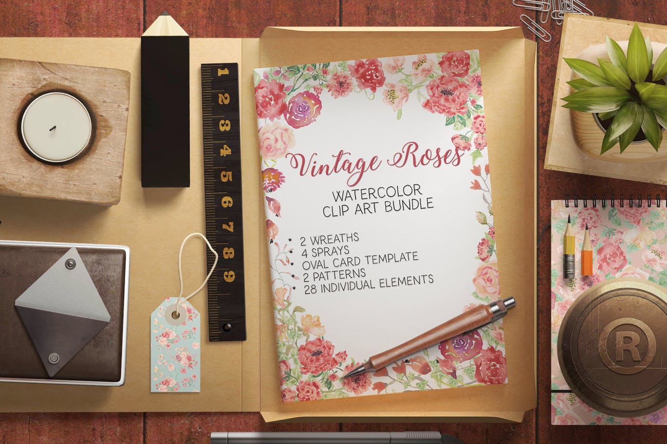 复古风格水彩玫瑰图案剪贴画素材 Vintage Roses Watercolor Clip Art Bundle插图