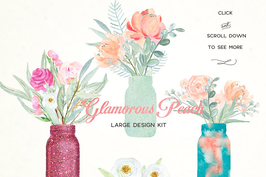 桃红色牡丹水彩剪贴画 Peach peonies in jars. Watercolors插图(5)