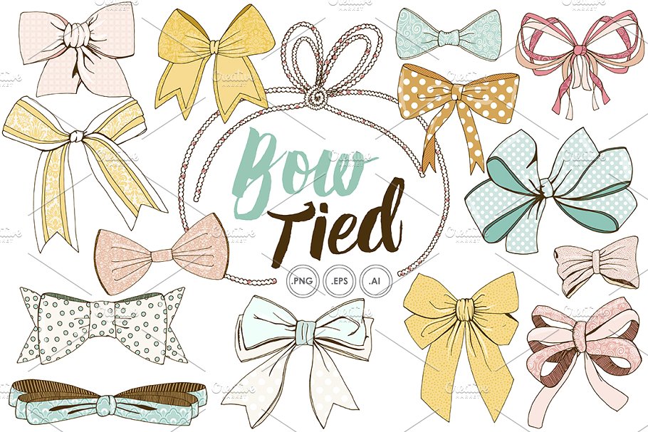 柔和色调系列手绘蝴蝶结丝带剪贴画 Tied Bow Clip Art Hand-Drawn Ribbon插图