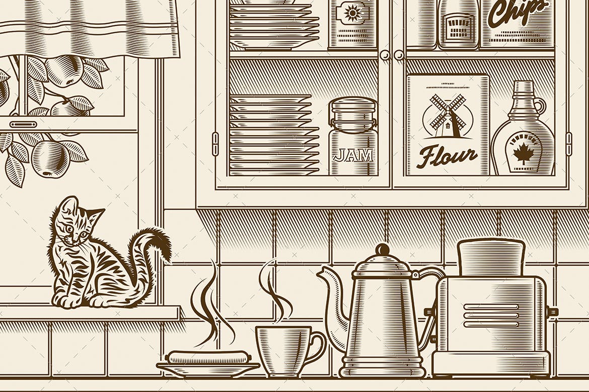 美式复古厨房单色矢量插画素材库精选素材 Retro Kitchen. One Color插图