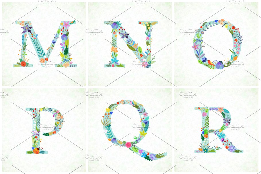 明亮花卉装饰字母素材 Bright Floral Alphabet. EPS and PNG插图(3)