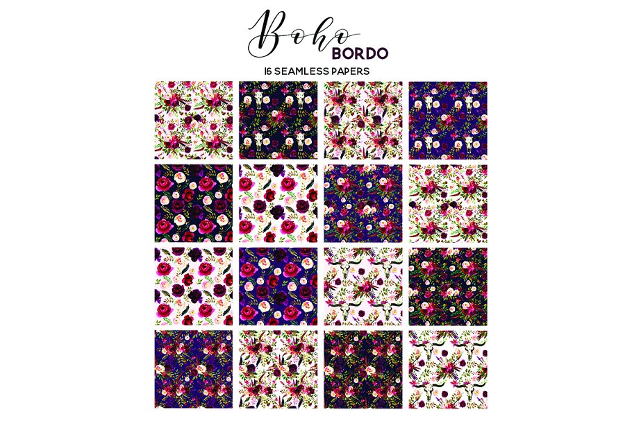 波希米亚式&波尔多水彩花卉剪贴画 Boho Bordo Watercolor Flowers插图(9)