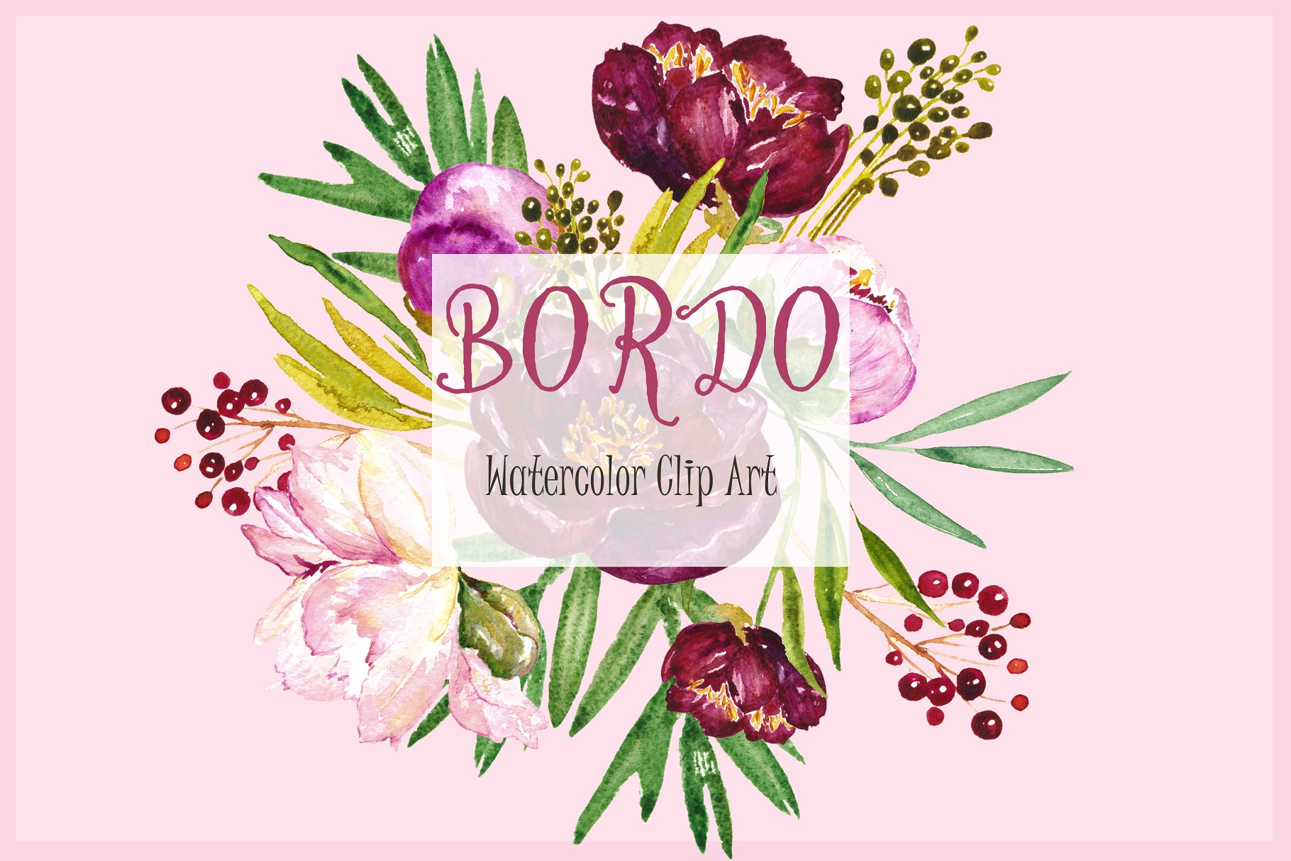 水彩牡丹花卉剪纸艺术数字剪贴画 Peony Bordo. Watercolor Clipart.插图