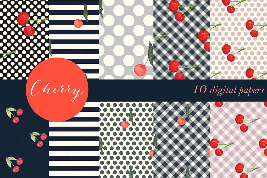 樱桃别针水彩图案纸张背景 Cherry. Pin up watercolor paper插图