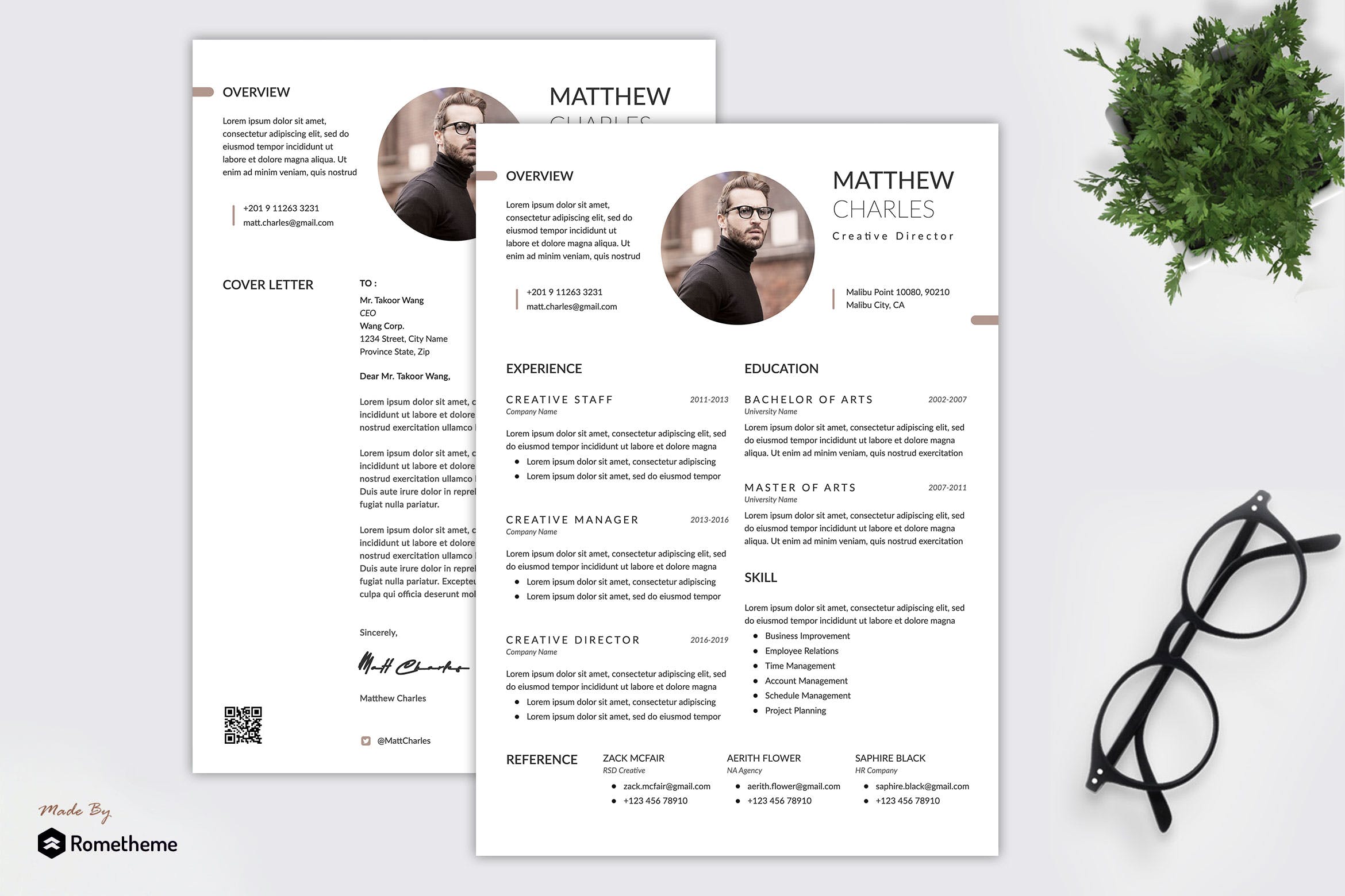 二合一个人简朴简历表设计模板 Matthew – Clean Minimalist Resume RY插图
