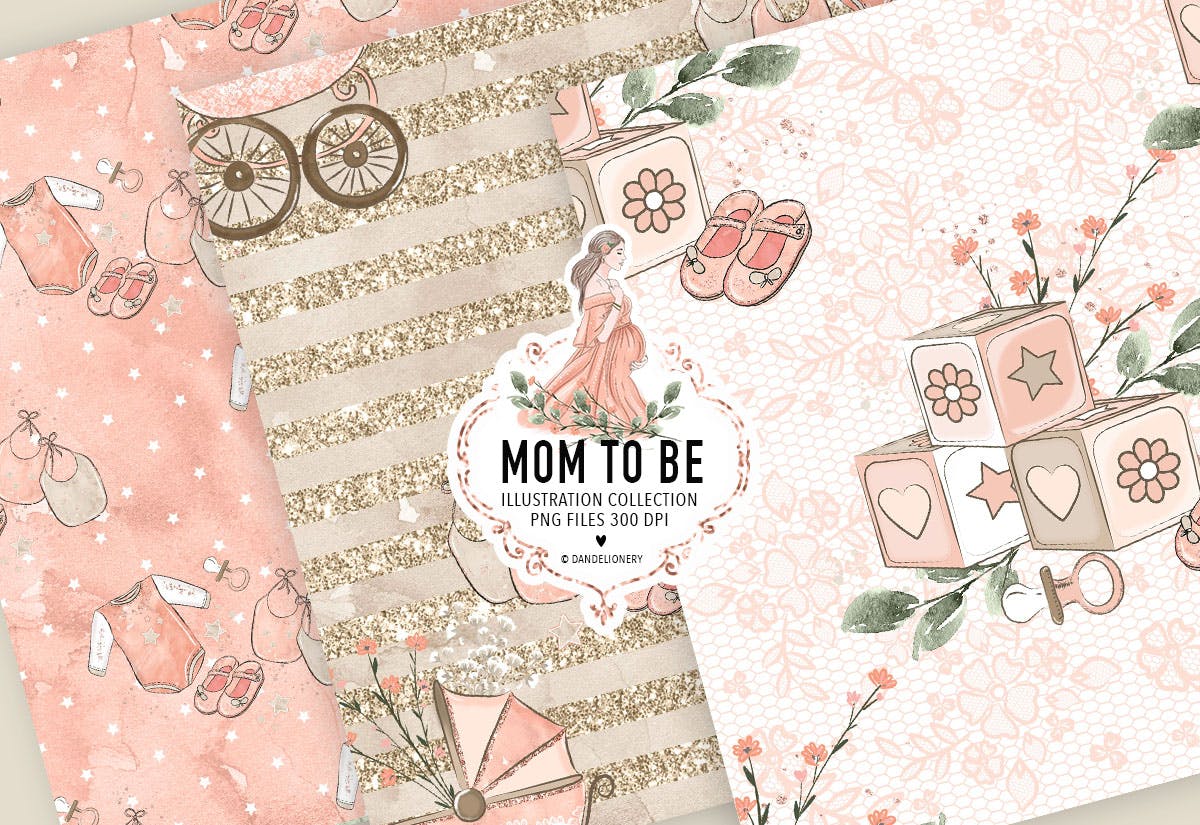 母婴新生儿主题数码纸张图案设计背景素材 Mom to be Maternity digital paper pack插图(2)