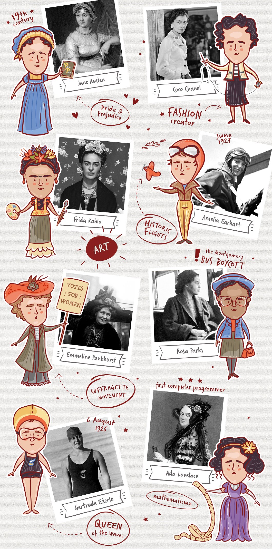 8张国外历史上伟大女性矢量插画打包下载[eps,png]插图(1)