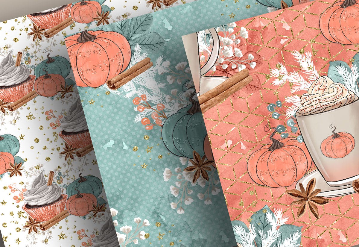 南瓜&拿铁水彩手绘图案设计素材 Pumpkin Latte digital paper pack插图(2)