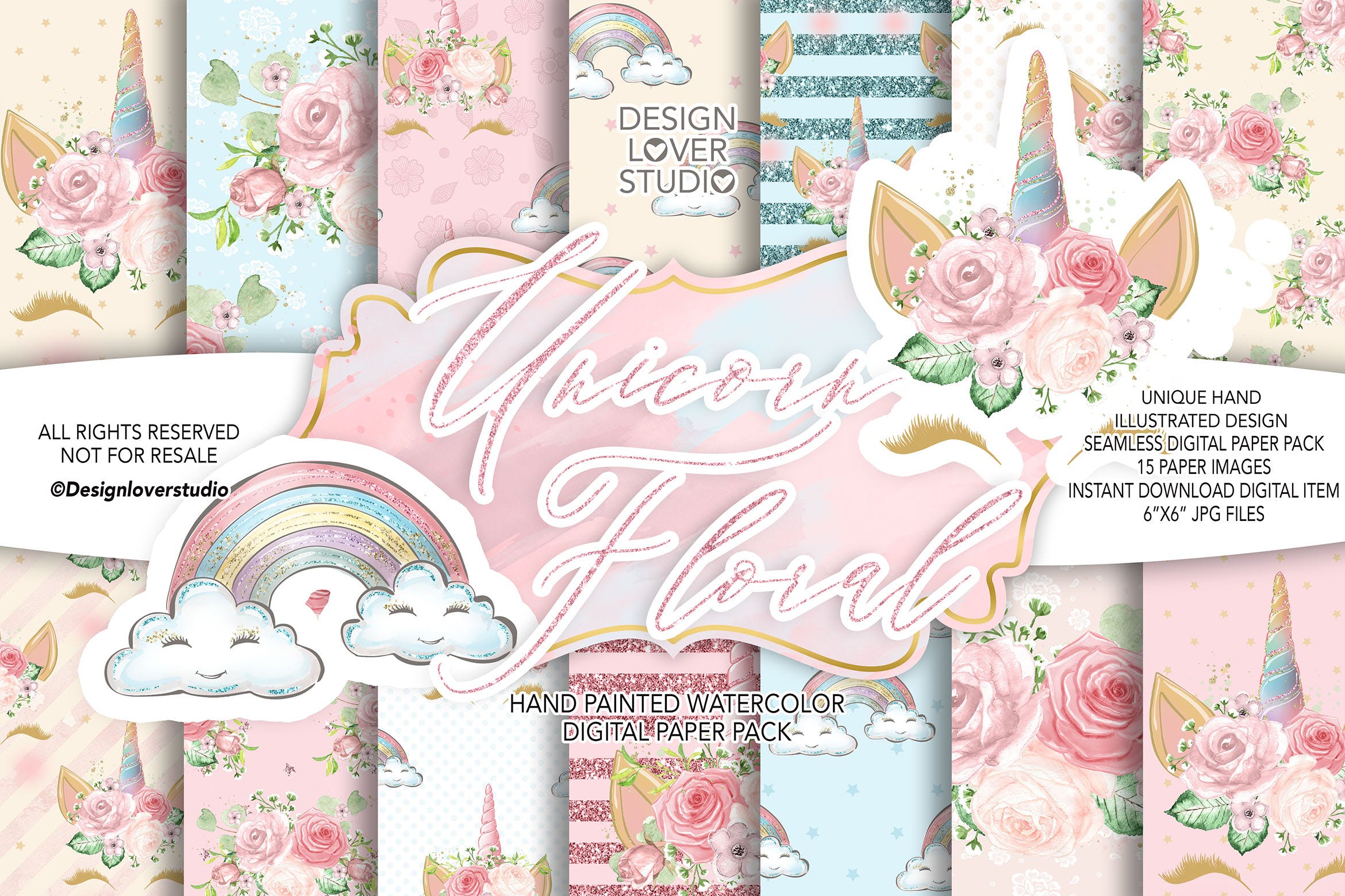 独角兽花卉图案数码纸张背景素材 Unicorn Faces Floral digital paper pack插图
