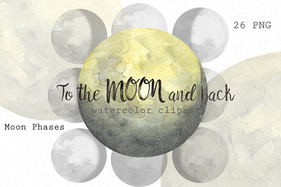 月相相位水彩剪贴画 Moon Phases. Watercolor插图(3)