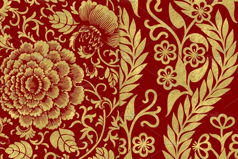 12种金箔花卉图案背景  Maroon and Gold Floral Papers插图(1)