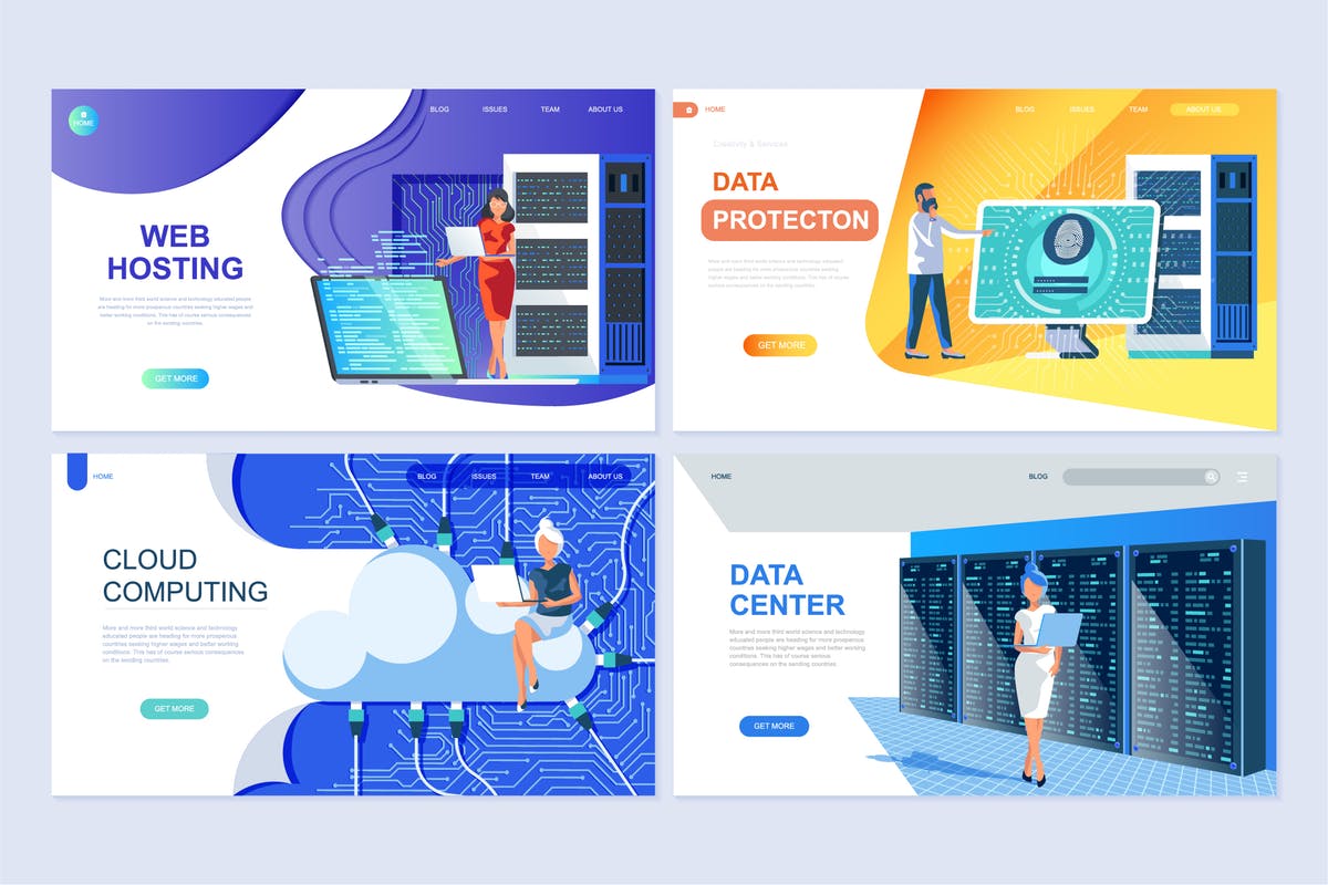 云计算技术服务主题扁平化着陆页概念插画 Set of Landing Page Templates Flat Concept插图