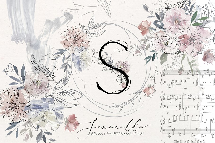 线条性感水彩花卉剪贴画、字体 Sensuale Watercolor Floral Clipart插图