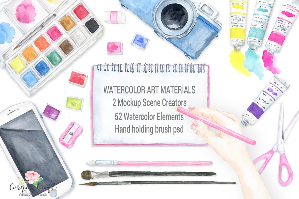 水彩艺术创作场景样机模板 Watercolor art material mockups插图
