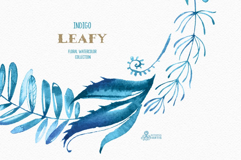 高品质靛蓝色手绘水彩花卉图案 Leafy Indigo. Watercolor Collection插图(3)