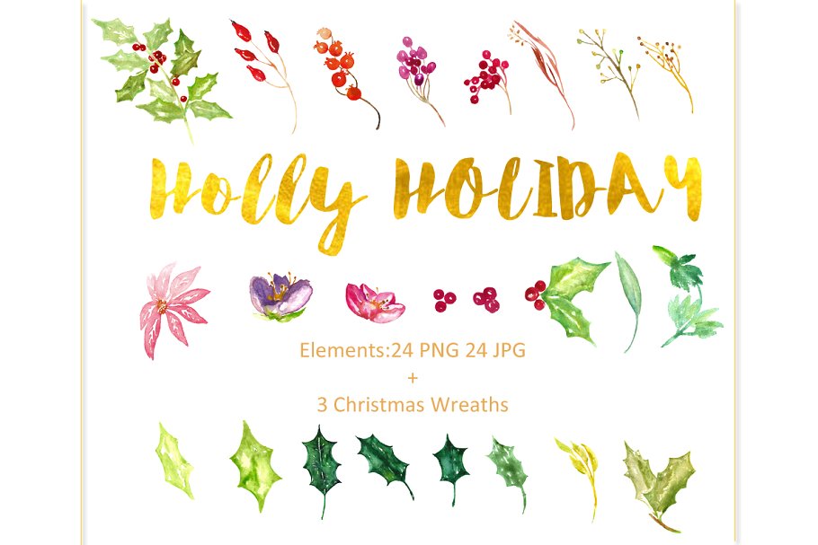 水彩花卉剪贴画 Holly Premium watercolor Clipart.插图(2)
