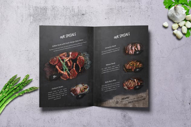 对折页食谱菜单暗黑料理模板 There’s no Hell Bifold A4 & US Letter Menu插图(1)