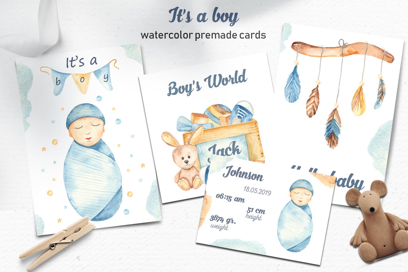 男新生儿婴儿水彩手绘矢量剪贴画/卡片/无缝图案背景素材 It’s a boy watercolor clipart, cards, patterns插图(4)