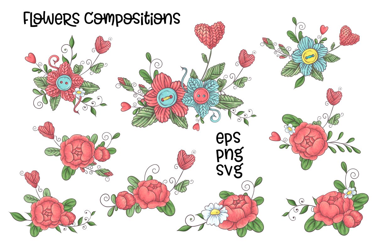 手工针织花卉/爱心矢量剪贴画合集插图(3)