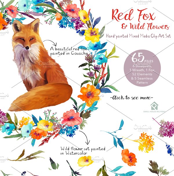 红狐与野花水彩剪贴画 Red Fox and Wild Flowers插图(2)