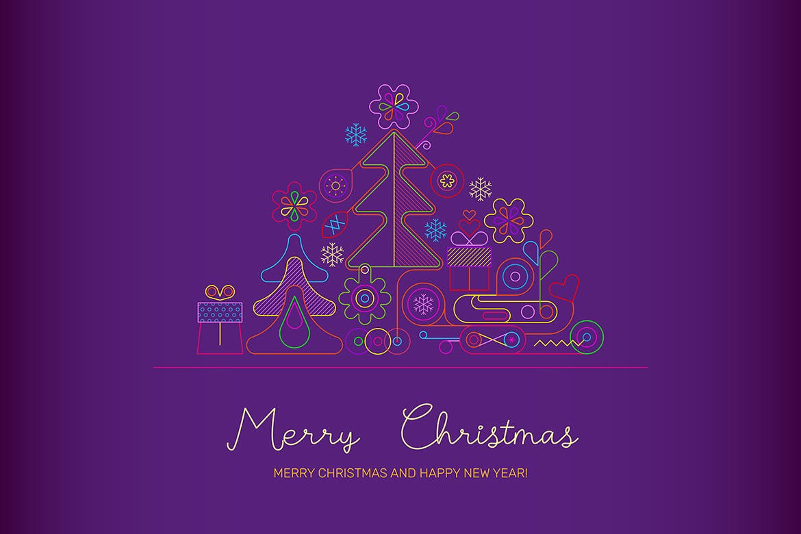 霓虹灯线条设计风格圣诞节主题矢量插画 Merry Christmas neon design vector print template插图