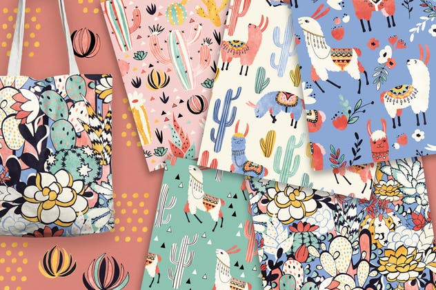 美洲驼和仙人掌水彩剪贴画&纹理 Llamas and Cacti插图(4)