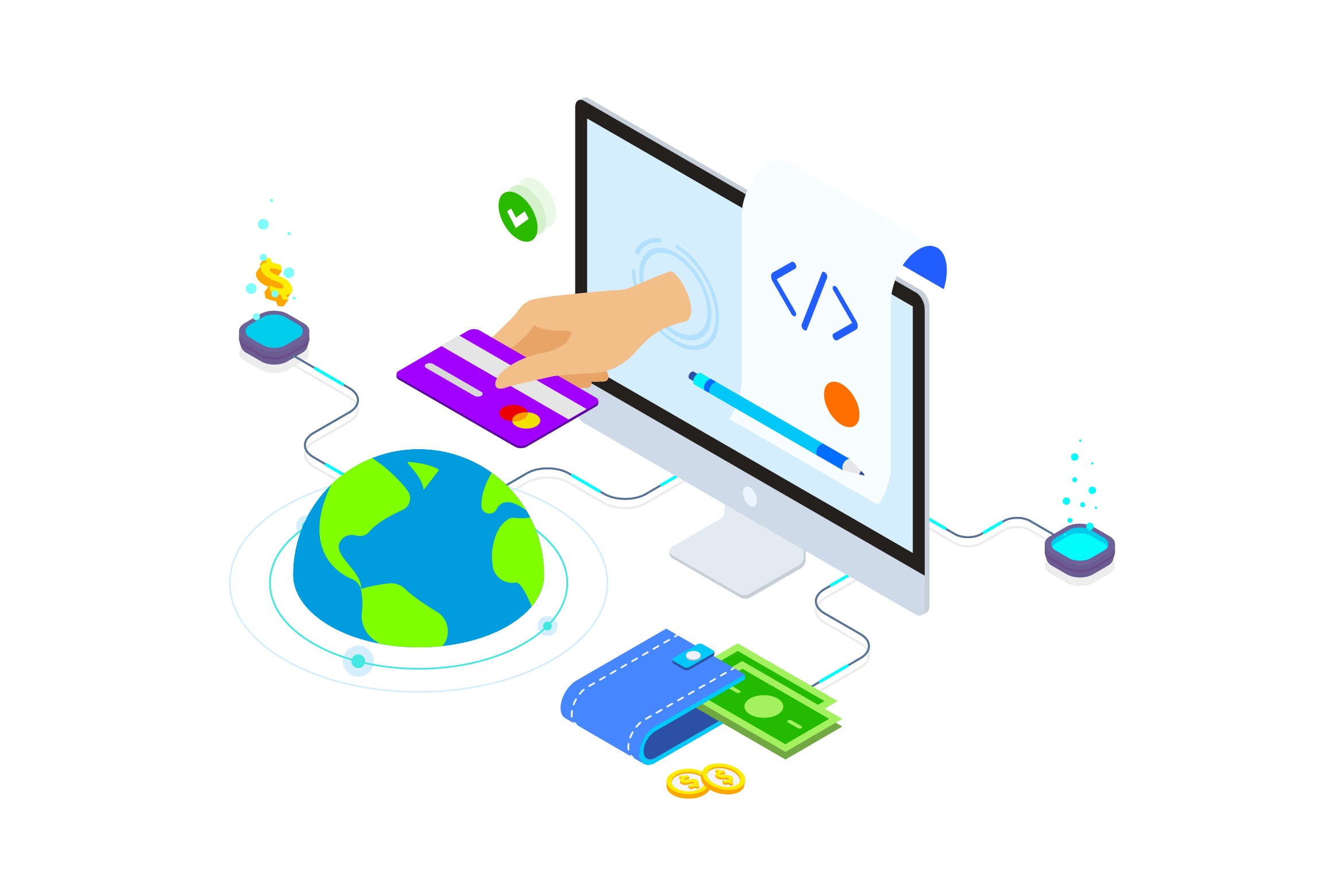 区块链技术智能合约概念插画素材v5 Smart Contract on Blockchain Isometric 5 – TU插图