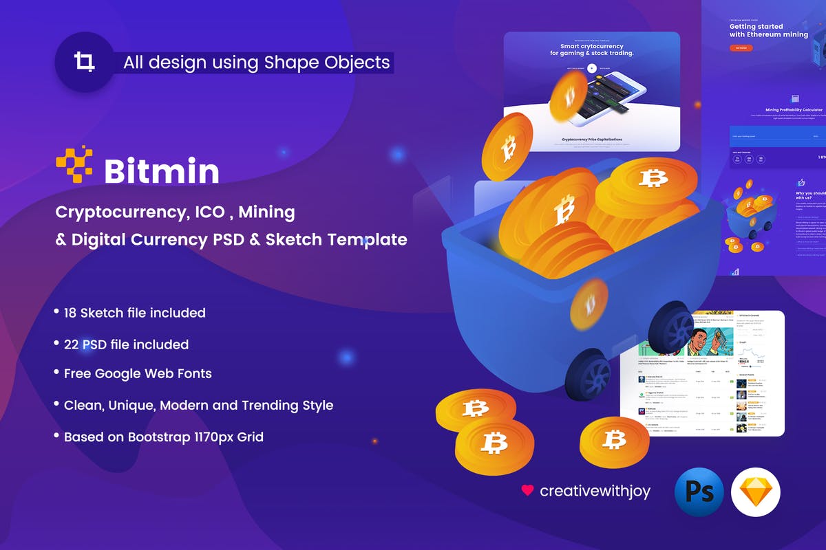 比特币加密货币主题网站PSD＆Sketch模板 BITMIN – ICO, Mining PSD & Sketch Template插图