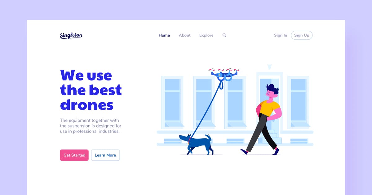 无人机遛狗场景插画网站着陆页模板 Drones Landing Page Illustrations插图