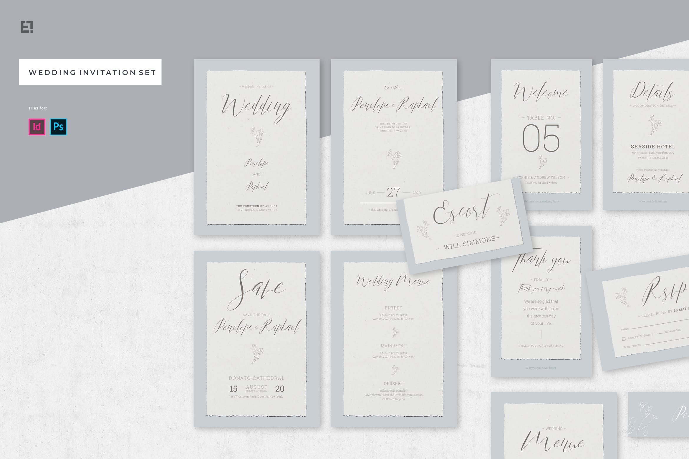 低调简约撕纸风格婚礼婚宴邀请设计素材 Wedding Invitation Suite插图