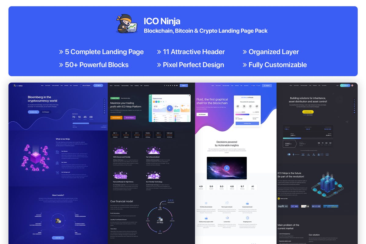 区块链/加密货币/比特币概念插画创意着陆页UI模板合集 Blockchain, Crypto & Bitcoin Landing Page Pack插图