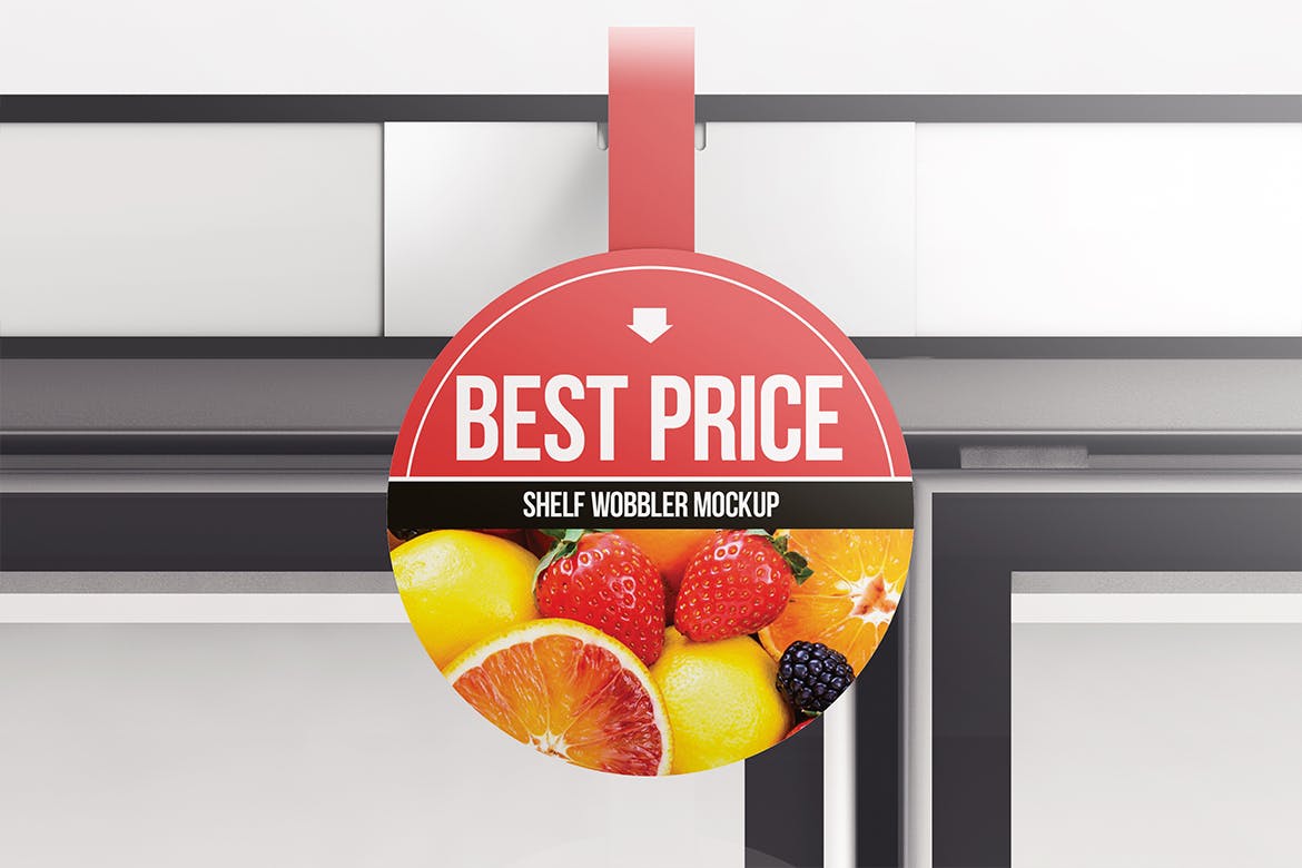 超市货架圆形品牌/促销广告牌样机素材库精选模板 Circle Shelf Wobbler Mockup插图(1)