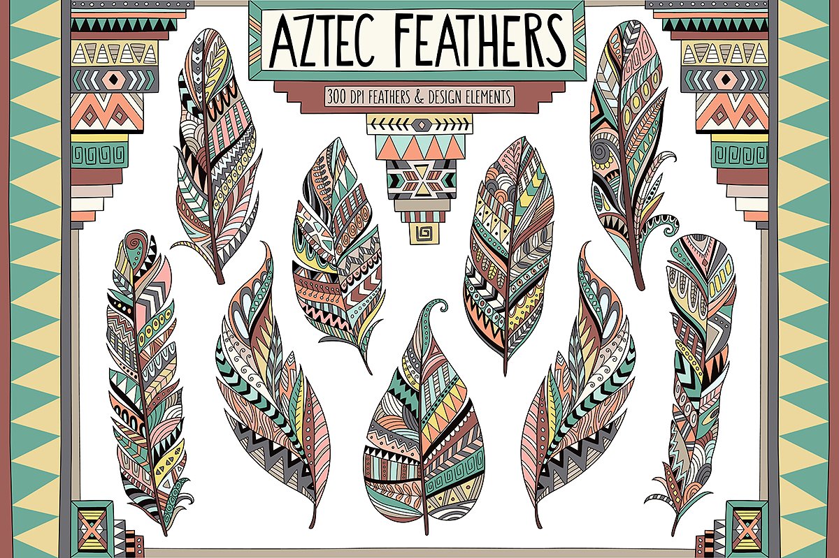 阿兹特克部落文化羽毛剪贴画套装 Aztec Tribal Feathers Clipart Set插图