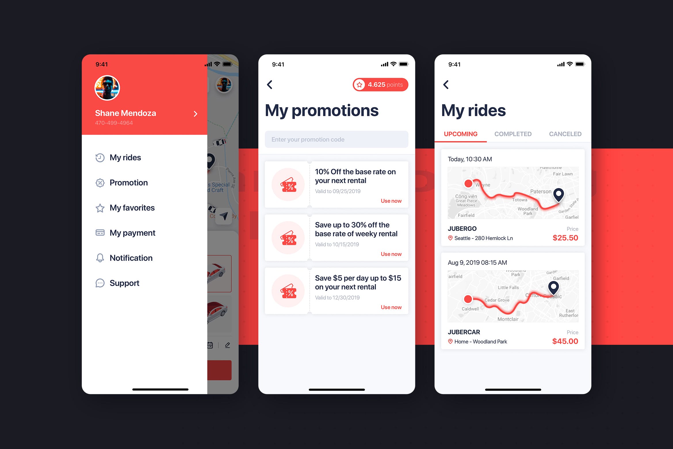 网约车APP应用UI设计之约车列表界面设计模板 Car Booking UI mobile concept – My Rides插图