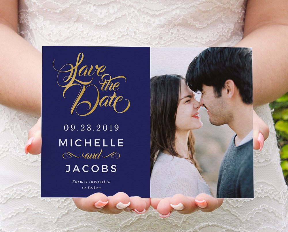 现代风格金蓝配色婚礼邀请函模板集 Modern gold blue calligraphy invites插图(4)