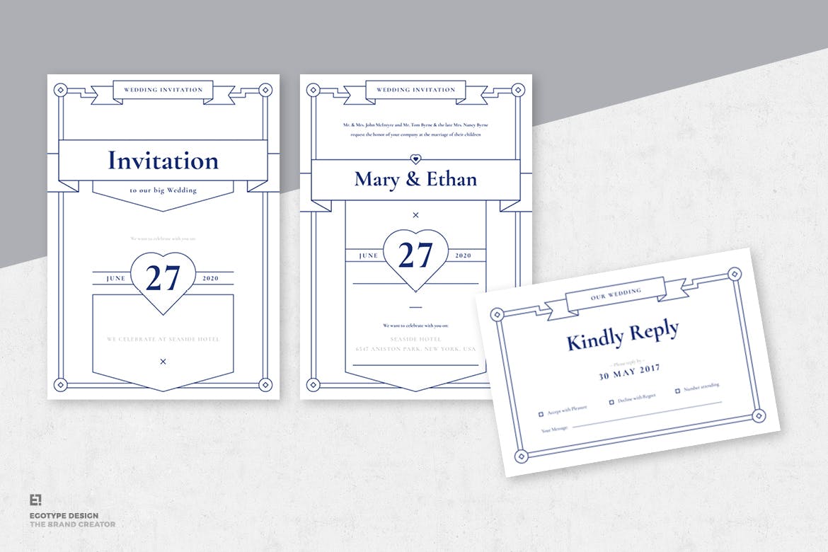 蓝色简约线条艺术风格婚礼邀请函设计套装 Wedding Invitation Suite插图(1)