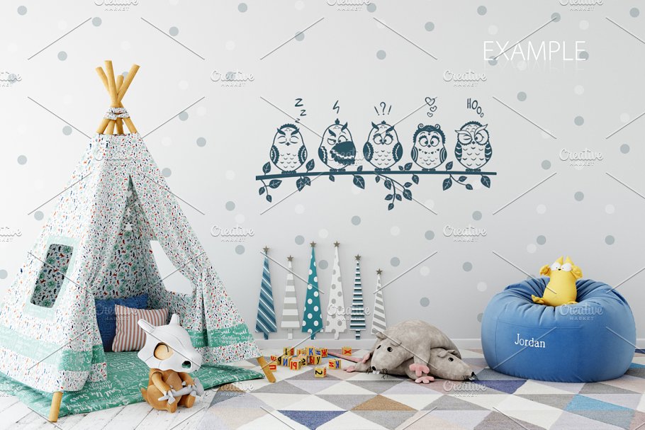 儿童主题室内墙纸设计展示和相框画框样机 Kids Interior Wall & Frames Mockup 1插图(32)