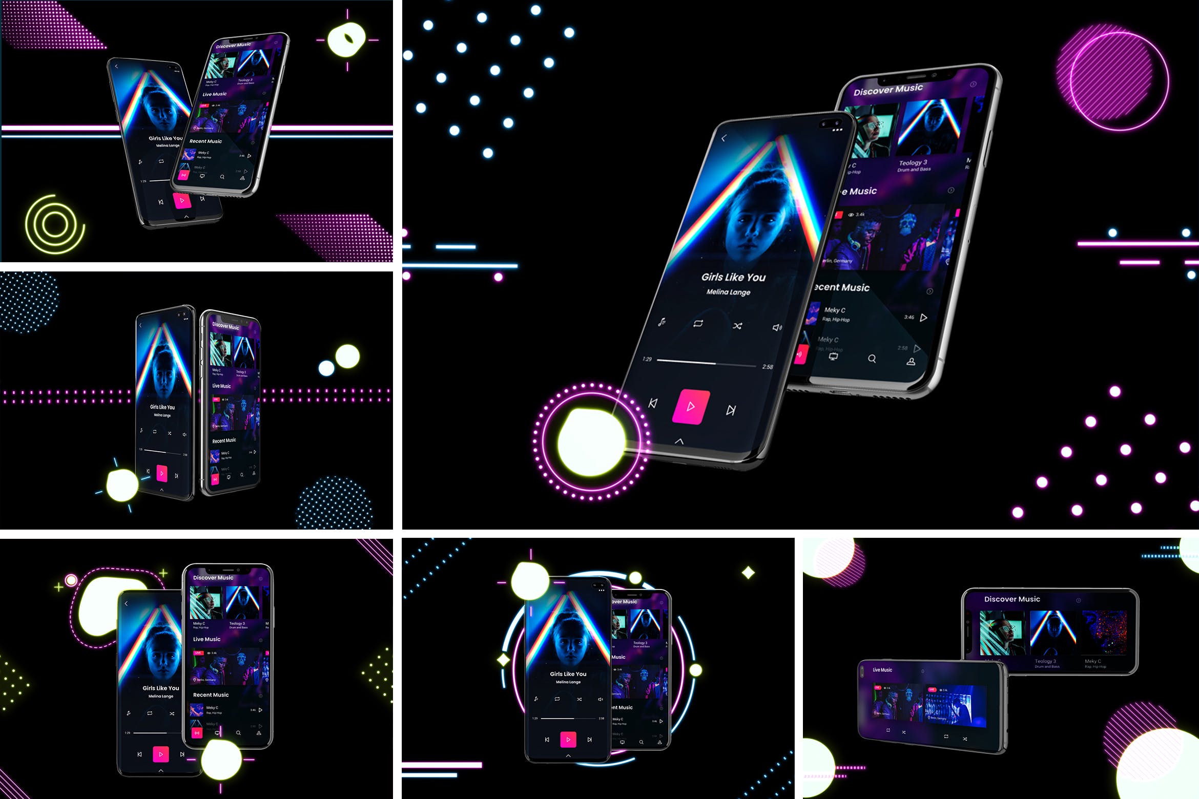 高质量霓虹灯风格iOS/Android手机样机模板 Neon IOS & Android插图