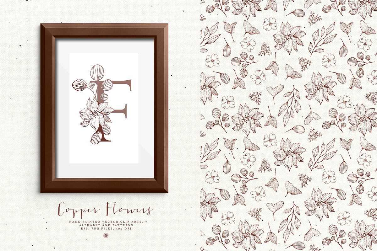 古铜色花卉字母插画套装插图(1)