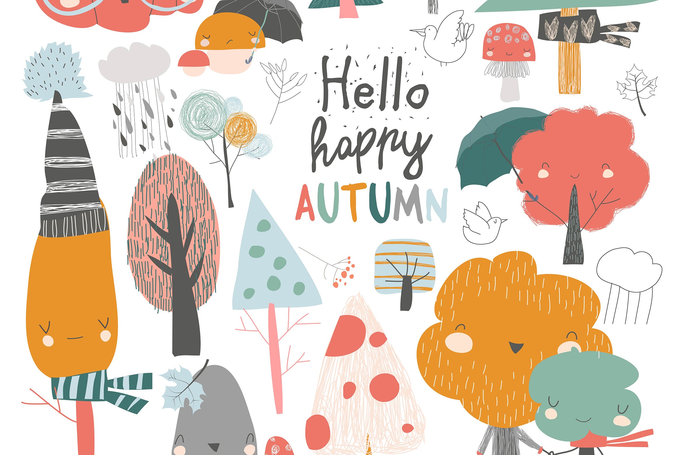 色彩缤纷的秋季元素矢量插画素材 Colorful autumn trees. Cartoon yellow orange autum插图