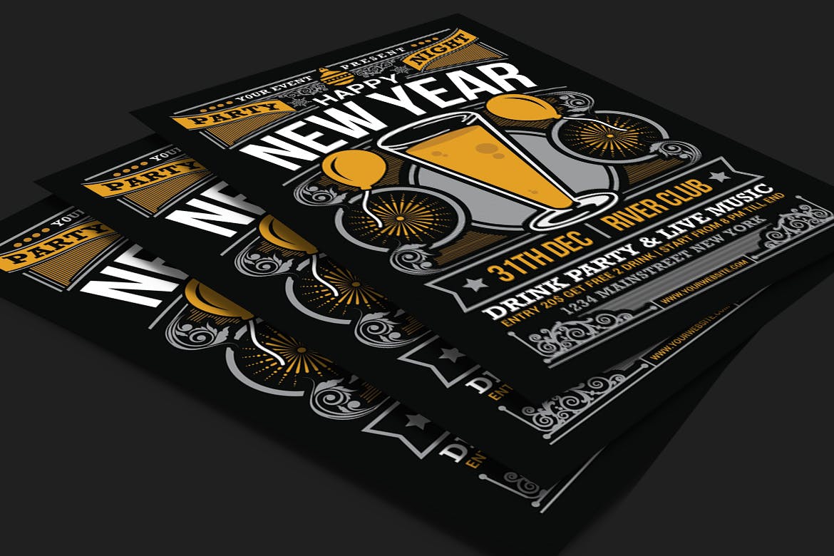 重复线条艺术新年庆祝晚会海报传单素材库精选PSD模板 New Year Party Celebration插图(3)