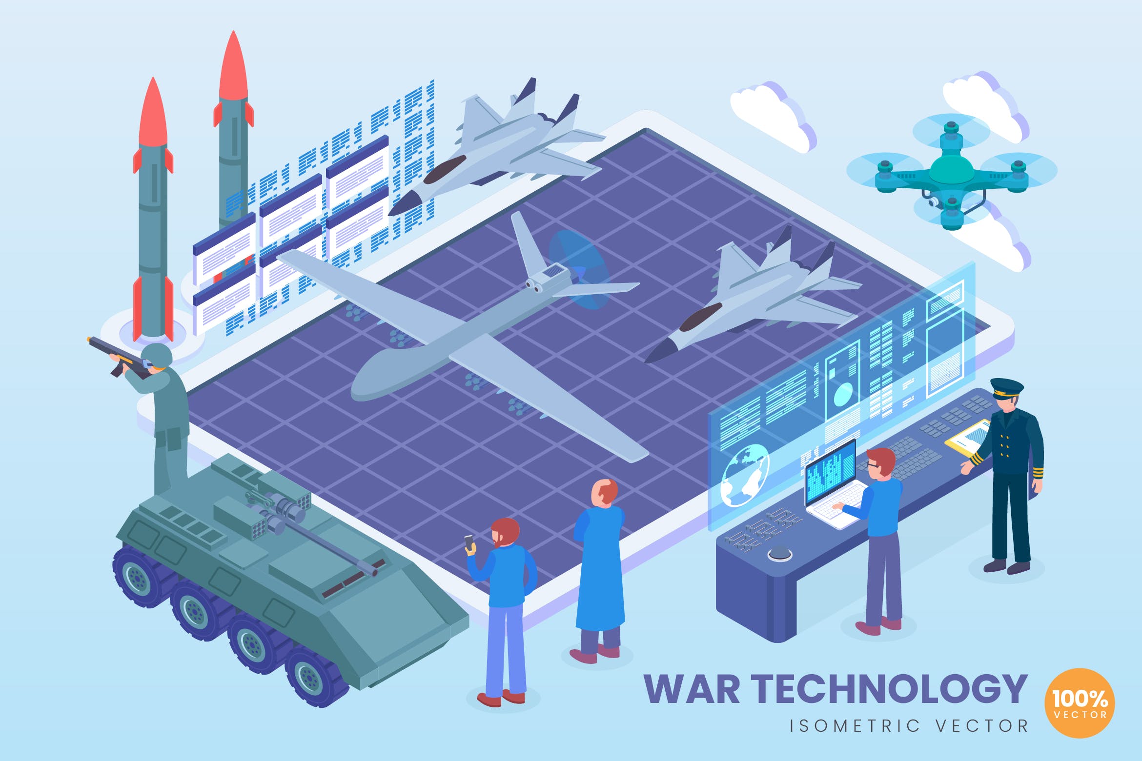 现代作战技术等距矢量素材库精选科技概念插画 Isometric War Technology Vector Concept插图