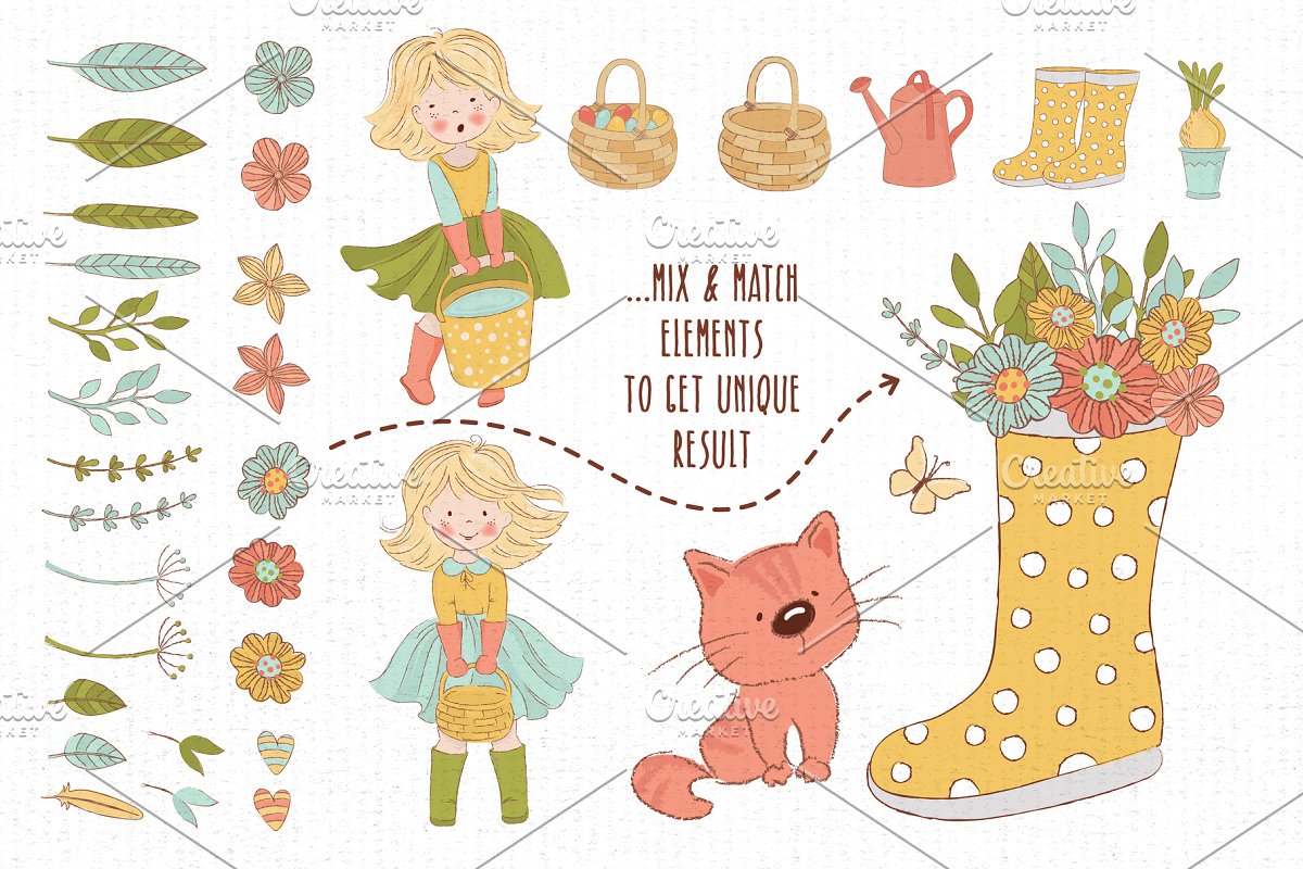 春天花园小女孩&花卉矢量图集插图(8)