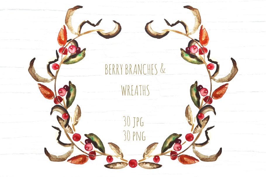 花环与花枝水彩剪贴画 Berry Wreaths and branches clipart插图(1)