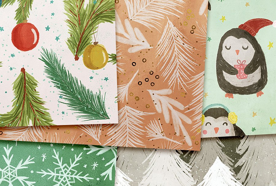 清新的冬季主题水彩无缝背景纹理素材 Watercolor Winter Seamless Patterns插图(2)