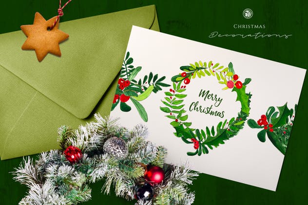 圣诞装饰绿色花环水彩插画素材 Watercolor Christmas Decorations插图(4)